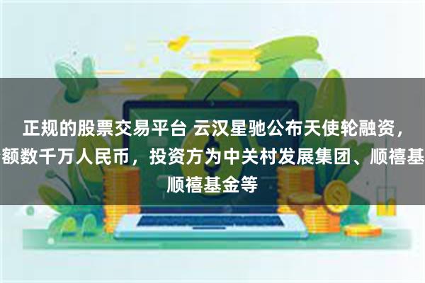 正规的股票交易平台 云汉星驰公布天使轮融资，融资额数千万人民币，投资方为中关村发展集团、顺禧基金等